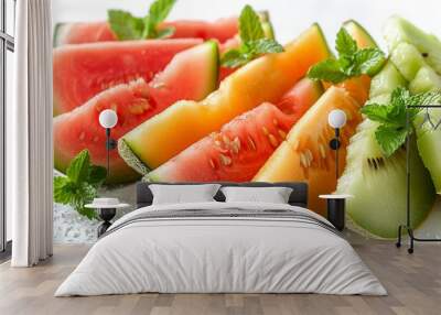 A combination of sliced watermelon, cantaloupe, and honeydew on isolated white background Wall mural