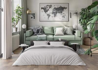 A contemporary Scandinavian living room showcasing a mint green sofa, stylish furnishings, a mock-up map poster, decorative plants, and refined home accessories, depicted in lifelike HD quality Wall mural