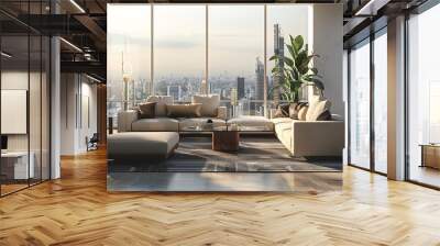 A detailed 3D render of a modern living room interior featuring sleek furniture, a minimalist design, and large windows with a view, capturing every aspect of the scene with realistic lighting Wall mural