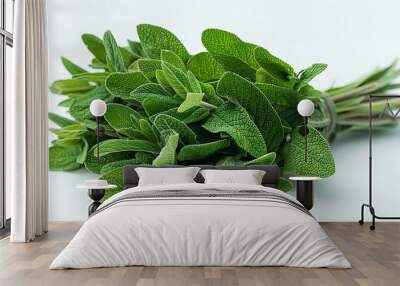 A detailed close-up of a bunch of sage, showcasing its texture and leaves, isolated on a bright white background. Wall mural