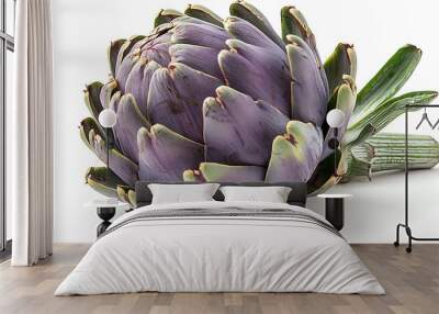 A detailed view of a whole artichoke, isolated against a clean white background, highlighting its natural texture and shape. Wall mural