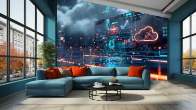 A digital interface on a futuristic device displaying AI-driven weather updates Wall mural