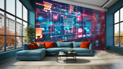 a dynamic visual representation of e-commerce, featuring digital shopping carts, product images, and vibrant icons on a sleek background Wall mural