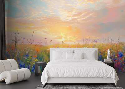 
A meadow with flowers features a picturesque landscape filled with a variety of colorful blooms. The flowers sway gently in the breeze, creating a vibrant and serene scene.  Wall mural