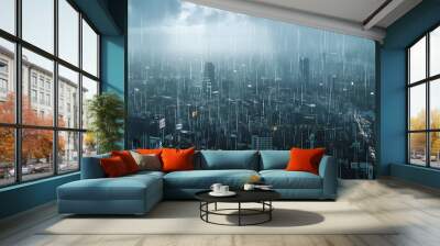 A panoramic view of a city skyline as rain falls, creating a moody atmosphere. Wall mural