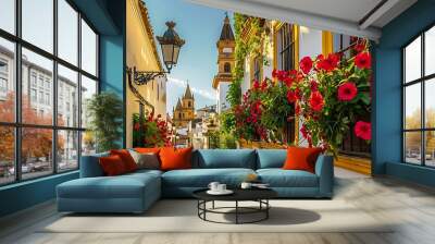 A slightly enlarged, high-definition image of a charming cobblestone street lined with vibrant, colorful flowers in pots and hanging baskets.  Wall mural