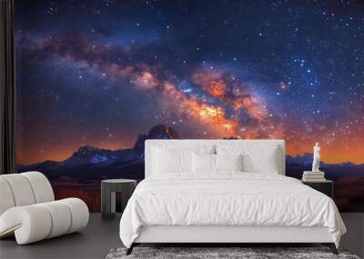 A stunning view of the Milky Way with starry night sky and a beam of light highlighting the colorful contours of Courthouse Mountain Wall mural