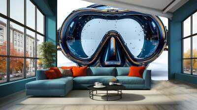 A summer diving mask isolated on a bright white background, showcasing its clear lens and adjustable straps. Wall mural