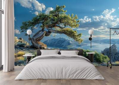 A windblown tree on the side of a hill overlooking Lake Tahoe, California, with the lake and surrounding landscape visible in the background Wall mural