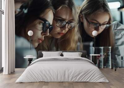 Close-up of a group of female students collaborating on a research project in a university laboratory, with scientific equipment and digital screens visible, shot in high-definition detail. Wall mural