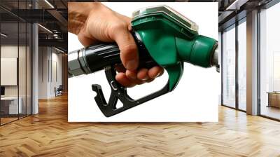 Close-up of a hand grasping a gas pump nozzle, isolated on a clean white background, emphasizing the nozzle's design and functionality. Wall mural