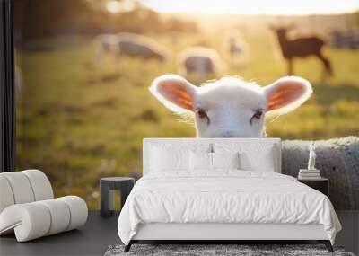 Close-up of a white lamb in a lush pasture, other animals blurred in the distance, sunlit meadow Wall mural