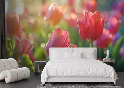 Close-up of tulip flowers blooming in a spring garden, with vibrant colors and detailed textures captured in high-definition natural light Wall mural