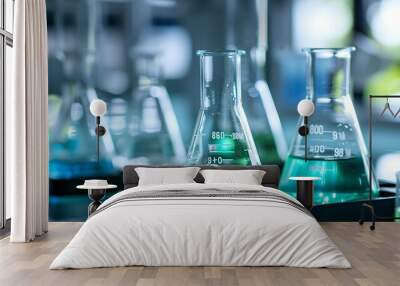 Close-up view of beakers containing fluorescent chemical solutions, clean laboratory environment Wall mural