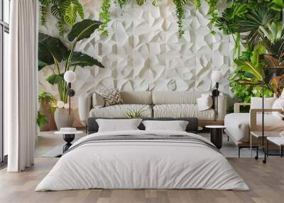 Cozy modern living room with textured walls, oversized plants, and comfortable furniture Wall mural