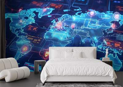 Glowing digital world map protected by floating firewalls and shields Wall mural