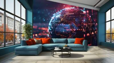 Glowing globe covered in layers of secure digital shields Wall mural