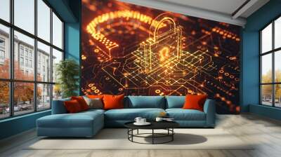 Holographic digital lock surrounded by binary code and encryption Wall mural