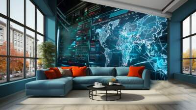 Programmer viewing a virtual globe with encrypted global data flows Wall mural