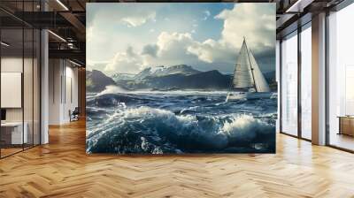 Sailboat leaning dramatically in strong winds, navigating rough waters with rugged Icelandic landscapes in the background Wall mural