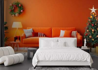 Scandinavian-style Christmas living room featuring an orange sofa, Christmas tree, gift boxes, and a bright wall mockup, warm and modern holiday vibe Wall mural