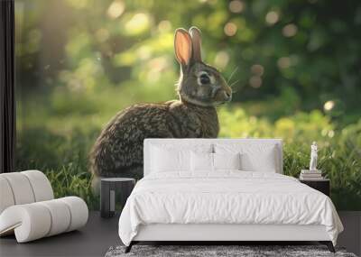 Side view of a rabbit sitting calmly on a grassy field, with soft sunlight highlighting its fur and the surrounding greenery Wall mural