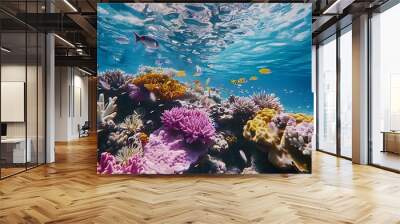 Vibrant underwater scene of the Great Barrier Reef, colorful corals and schools of fish thriving in crystal-clear blue waters Wall mural