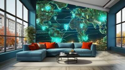 World map made of binary code with digital shields hovering above Wall mural