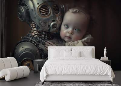 Robot holds a baby in his arms. Generative AI Wall mural