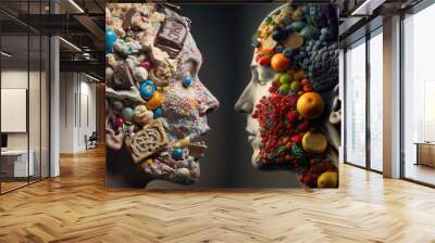 Two heads, one that consumes sugar and junk food and the other that consumes fruits and vegetables. Generative AI Wall mural