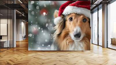 Adorable Shetland Sheepdog in Festive Santa Hat for Christmas Celebration Wall mural