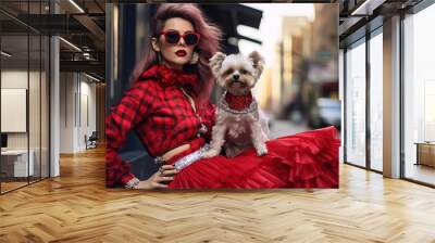  artistic woman street fashion portrait, pretty girl with cute dog at urban city street, red black plaid shirt,  Generative Ai Wall mural