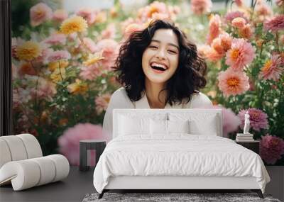  close up portrait of cute happy Asian woman in flower blossom field, Generative Ai Wall mural