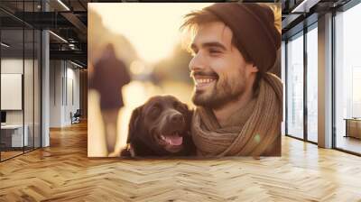  happy man smiling hugging his dog at outdoor nature landscape Wall mural