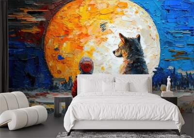  illustration of a young boy with dog looking at full moon at night time, Generative Ai Wall mural