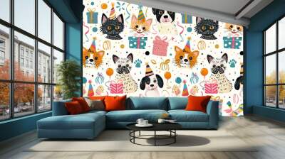  seamless pattern happy baby animal face, dog , cat  with present gift confetti pastel soft tone color,  nursery design cartoon style illustration with grungy texture, Generative Ai Wall mural