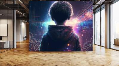 a boy with electric light trail, idea for neuro connection knowledge download, info and data transfer learning and communication, consciousness migrates, Generative Ai Wall mural