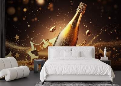 a champagne bottle with glitter glow gold dust and confetti, idea for celebration background, Generative Ai Wall mural