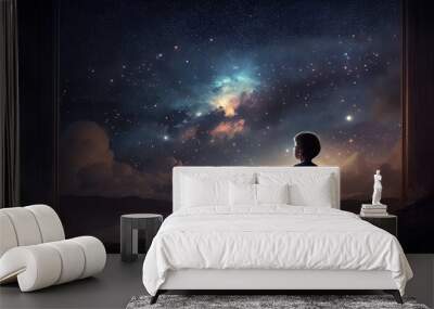 a kid watching out at big window open to galaxy sky, midnight time, idea for imagination and dream concept, Generative Ai Wall mural