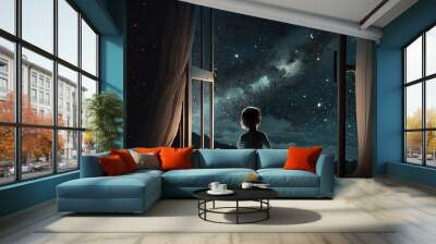 a kid watching out at big window open to galaxy sky, midnight time, idea for imagination and dream concept, Generative Ai	
 Wall mural