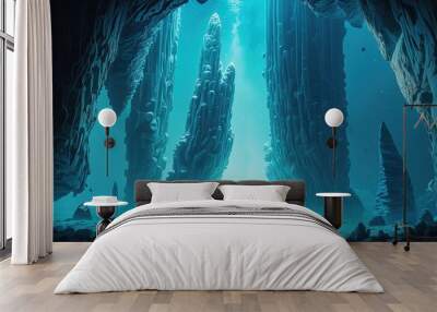 a man before stone pillar under water with light and fish around, underwater world scenery, Generative  Ai  Wall mural