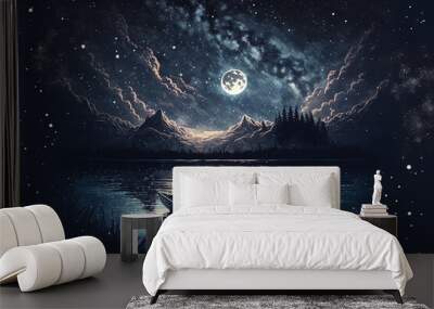 a man on paddle boat at full moon night, Generative Ai Wall mural