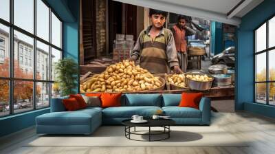 a young child selling fried potato at street side in city, idea for support human rights and children rights, Generative Ai not real person Wall mural