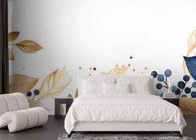 abstract Autumn foliage banner background, branch, twigs and berries, blue navy gold  color, Generative Ai Wall mural