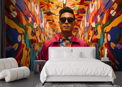 an Asian man wearing jacket with graffiti wall art behind, male street fashion portrait, Generative Ai Wall mural