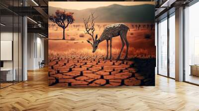 an deer on drought land, generative Ai Wall mural