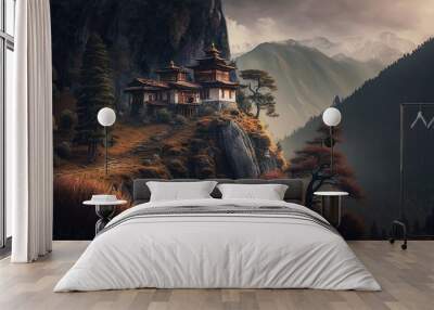 ancient Asian style building on rock cliff, idea for Asian background wallpaper, Generative Ai Wall mural