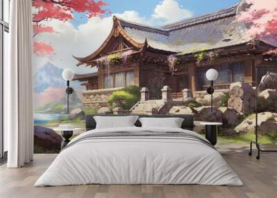 anime artwork illustration beautiful ryokan traditional Japanese inn collection set, Generative Ai Wall mural