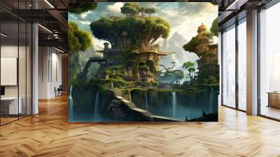 anime scenery art illustration, fantasy mood, elven village big tree trunk town, Generative Ai Wall mural