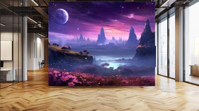 art illustration banner background panorama nature landscape flower meadow with galaxy sky, Generative Ai Wall mural